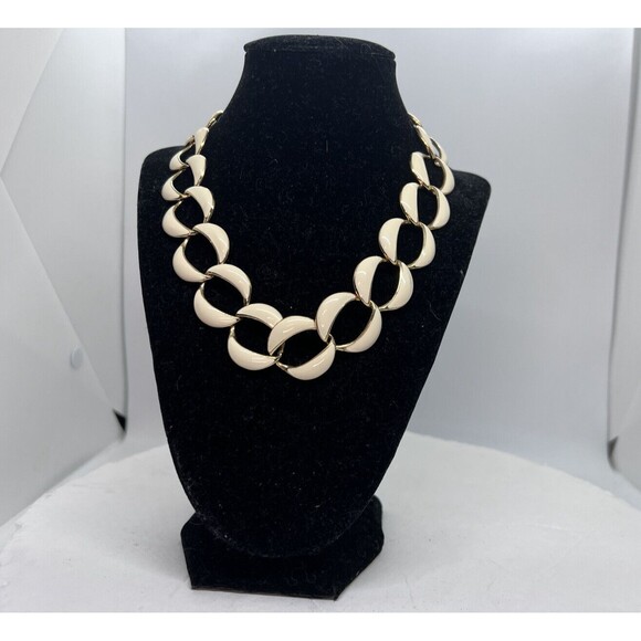 Vintage Napier Enamel White Links Flat Gold Chain Necklace - Picture 4 of 7